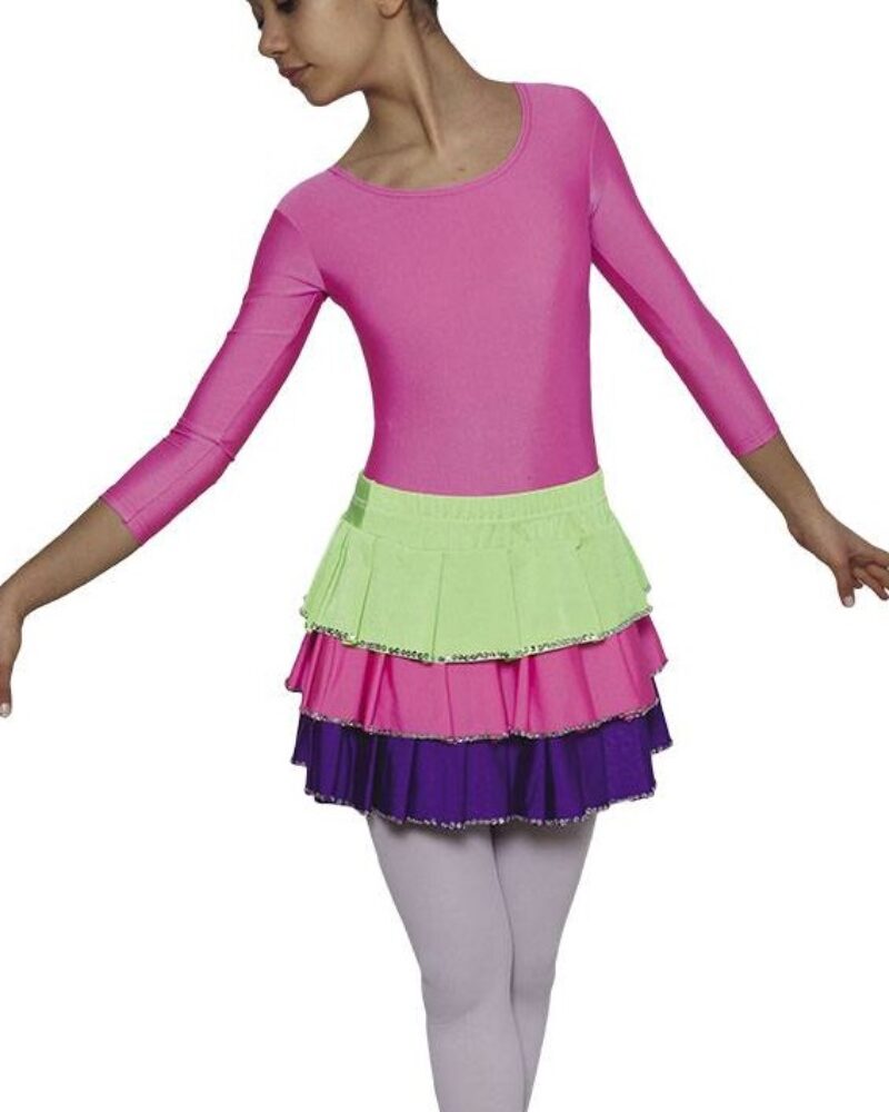 PERLE Girls/Womens Performance Scoop Neck Long Sleeve Dress with Mixed Colored Ruffle Skirt